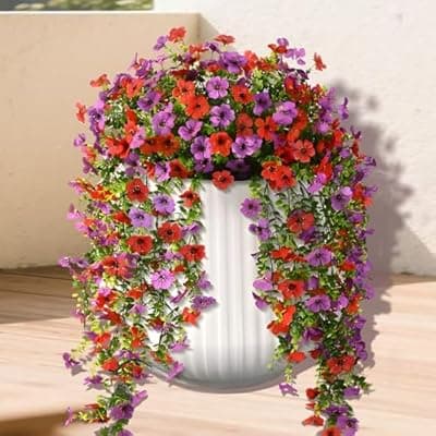 [Meitrio] Artificial Fake Flowers Plants for Outdoors, 2 PCS UV Resistant Faux Silk Daisy with Eucalyptus Leaves Hanging Flowers for Home Garden Balcony Yard Porch Decor(Purple Red)