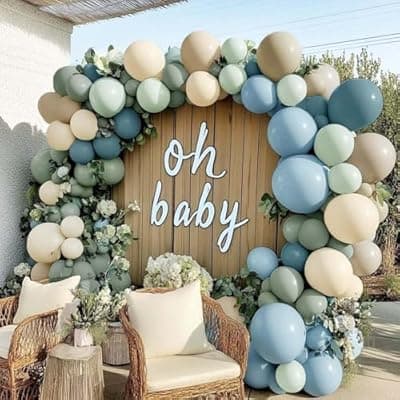 [feilebalon] Dusty Blue Green Balloon Arch Kit Double Stuffed Pastel Light Sage Green Blue White Sand Beige Balloon Garland for Birthday Baby Shower Dinosaur Wedding Wild One Ocean Silly Goose Party Decoration