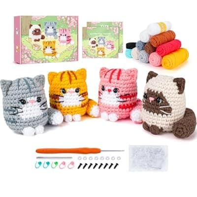 [Fortuning's JDS] Crochet Kit for Beginners -4 PCS Cat Crochet Kit with Step-by-Step Video Tutorials, Learn to Crochet Kits for Adults, Beginner Crochet Kits for Adults, Animals Cat Crafts Knitting Kit Galentines Gifts