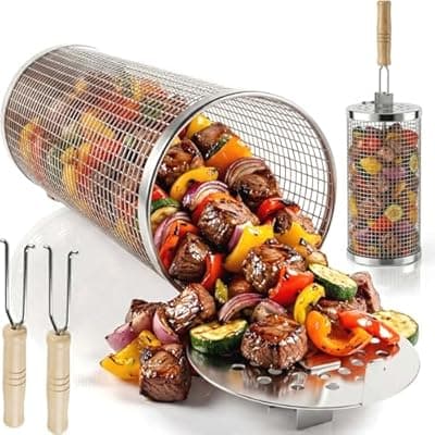 [GOFOIT] Rolling Grill Basket,2-Pack 304 Stainless Steel Grill Baskets with Removable Wooden Handle,Vegetable Grill Basket BBQ Tool for Outdoor Cooking Camping Gifts for Men Dad Husband