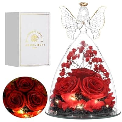 [Tiaronics] Tiaronics Mothers Day Rose Gifts for Women Preserved Real Flower in Glass Angel Figurines Roses for Delivery Prime Birthday Gifts for Mom Grandma Girlfriend Wife Her - Red