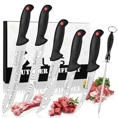 [Plys] Plys 7-Piece Butcher Knife Set for Meat Processing & BBQ | Includes 10" Butcher, 6" Boning, 6" Skinning, 6" Fishing, 8" and 10" Slicing | Damascus Pattern Design | 4Cr13Mov Stainless Steel Blades