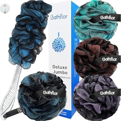 [Bathflor] Bathflor Shower Loofah Sponge Exfoliating Body Scrubber 80g, Charcoal Loofa for Women & Men Bath Wash: 1 Long Handle Back Brush Plus 4 Packs Extra Large 80g Soft Luffa Poufs, 1 Lufa Hook (Charcoal)
