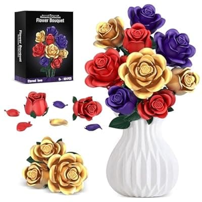 [QIFUN] Rose Bouquet Flowers Building Set, 501Pcs Red Purple Golden Roses Artificial Flowers Botanical Collection Compatible with Lego Flowers Home Office Table Decor Gifts for Her/Mom/Girlfriend/Wife/Couple