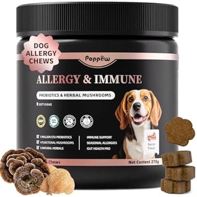 [POPPAW] Dog Allergy Chews - Paw Licking, Seasonal Allergy & Itch Relief - Probiotics for Dogs Immune & Gut Health with Turkey Tail Mushroom, Pumpkin - Bacon Flavor - 90 Count