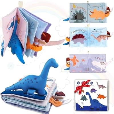 [Richgv] Richgv Baby Books Toys 0-6-12 Months, Baby Boy Gifts Touch and Feel Crinkle Books with Dino Doll, Newborn Infant Carseat Toys 6-9-12 Months Shower Gifts Easter Basket Stuffers
