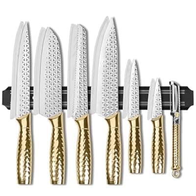 [Qianying] Qianying Kitchen Knife Set 14 Pcs with Magnet Holder, Strong Magnetic Knife Strip for Wall, Knives Block Set with Sheath, Chef Knives and Santoku Knives, Stainless Steel Blade, Dishwasher Safe -Gold