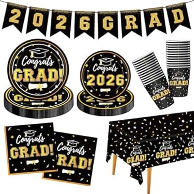[Labrostar] Graduation Decorations 2026 Disposable Black Graduation Tableware Kit for 25 Guests Plates Napkins Cups Tablecloth Hanging Graduation Party Decorations 2026