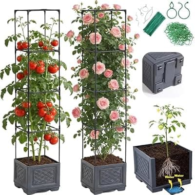 [Jesosia] Jesosia Tomato Planter Box with Trellis & Wheels - Rolling Raised Garden Bed with Tomato Cages for Climbing Plants - Mobile Tomato Pots w/Cage Plant Support for Flower Vegetable Vine Indoor Outdoor