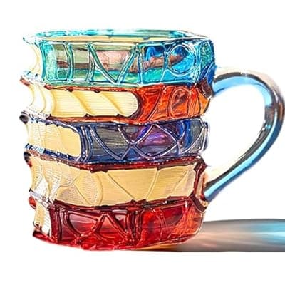 [TOPORNEE] TOPORNEE Handmade Painted Book Coffee Mug, 7 oz Glass Cup, Stacked Books Design with Colored Handle, Gift for Readers and Book Lovers (Colorful, Small)