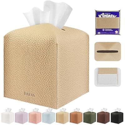 [PARIERIS] PARIERIS Tissue Box Cover Holder Square Tissue Cube Cover PU Leather Tissue Organizer with Bottom Belt for Bathroom, Tabletop, Car, Night Stands, Office, Home, Kitchen (1, SoftBeige)