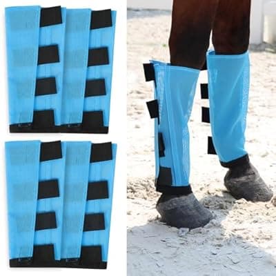 [Wizbrio] Wizbrio Premium 4-Pack Horse Fly Boots & Leggings Loose-Fit Fine Mesh with Stay-On Fasteners, Support Strips & Anti-Stomp Design Breathable Non-Slip Protection Leg Wrap (Large) Sky - Blue