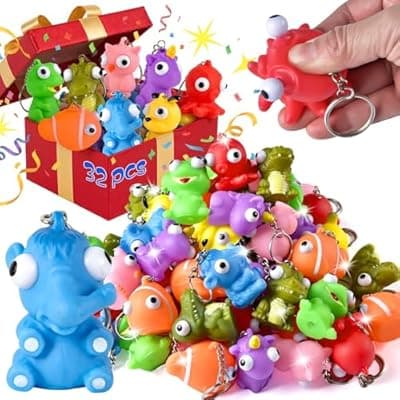 [HOZUZER] HOZUZER Squishy Keychain for Kids Party Favors - 32 Packs Popping Eyes Animal Keychains, Goodie Bag Stuffers, Pinata Stuffers, Classroom, Carnival Prizes, End of Year Gifts for Kids Students Bulk