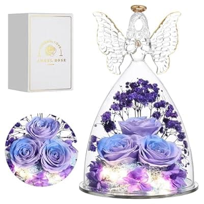[Tiaronics] Tiaronics Mothers Day Rose Gifts for Women Preserved Real Flower in Glass Angel Figurines Roses for Delivery Prime Birthday Gifts for Mom Grandma Girlfriend Wife Her, BluePurple