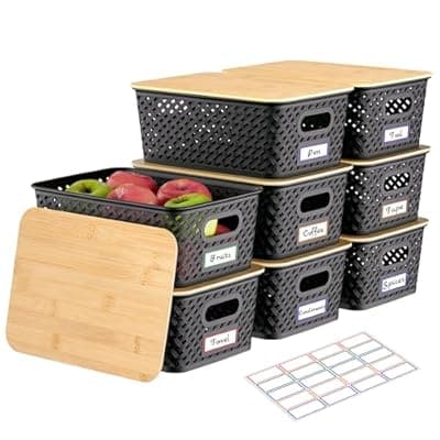 [Anysig] Anysig 8 Packs Plastic Storage Bins with Bamboo Lids - Stackable Storage Bins Decorative Small Basket Containers for Organizing Shelves Office Classroom Desktop Closet, Black