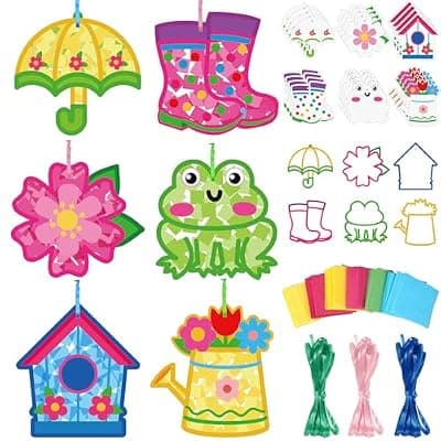 [Feifeiya] Feifeiya 24 Set Summer Suncatcher Crafts DIY Summer Tissue Paper Kit Flower Umbrella Rain Boot Hanging Decor Window Art for Back to School Day May Home Activity Party Favors(Rainy)