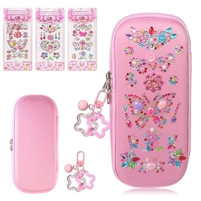 [Avalessia] Avalessia DIY Diamond Arts and Crafts Stickers Pencil case for Girls, 3 Sheets Fun Gem Sticker Kit with Pencil Pouch ，for Kids Ages 4-6-8-12 Birthday Gifts, Teen Girls for School Supplies (Pink)
