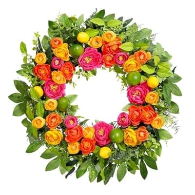 [Vsonker] 26" Spring Wreaths for Front Door, Large Artificial Lemon Wreath with Yellow and Green Lemons for Indoor Outdoor Wall Window, Outside Summer Floral Wreath Decor for Home Porch