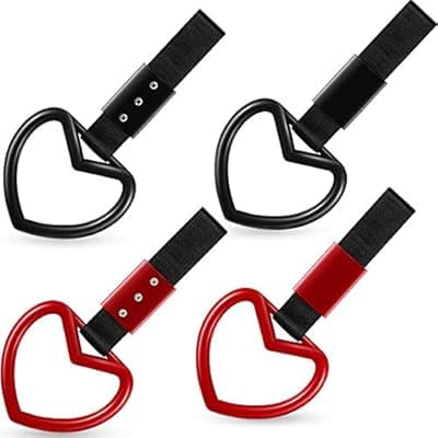 [Frienda] Frienda 4 Pieces JDM Heart Shaped Car Handle Straps Drift Charm Rear Bumper Warning Ring Decor Subway Bus Broken Heart Handle for Car Interior Black and Red(Black, Red)