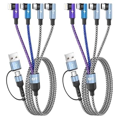 [Jogrytece] Travel Essentials 90 Degree Multi Charging Cable, 5FT 2Pack Nylon USB A/C Cord Right Angle 4 in 2 Charging Cable, USB Cable Charger Cord with Dual Type -C/Micro/L Port for iPhone 17 16 Galaxy S25 iPad