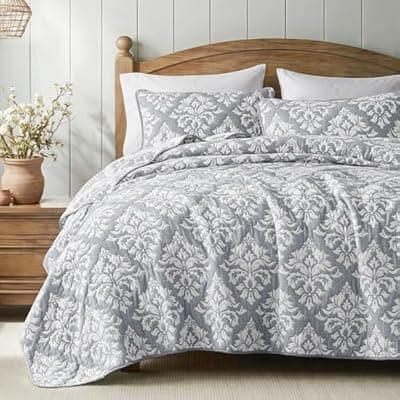 [Exclusivo Mezcla] Exclusivo Mezcla Cotton Quilts Queen Size Grey, Soft Lightweight Bedspread Breathable Prewashed Bed Coverlet with 2 Pillow Shams, Boho Pattern Yarn Dyed Muslin Quilt Bedding Set for All Seasons