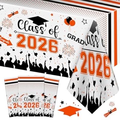 [PERFQU] Graduation Decorations Class of 2026 Tablecloth - 3 Pcs Plastic Congrats Grad Table Cloth, Graduation Table Cover for Graduations Party Decorations 2026 and Party Supplies, 54"x108" (Orange and Black)