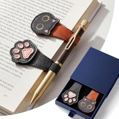 2Pcs Magnetic Bookmarks with Gift Box Magnetic Pen Holder for Notebook Cat Book Marks Clip Gift for Book Lover Readers Cute PU Leather Bookmark for Women, Cat+Paw (Brown+Black)