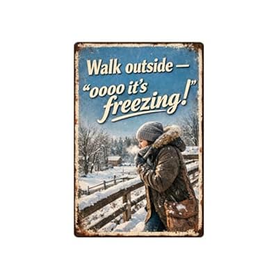 [Carastora] Walk Outside - Oooo It's Freezing Metal Tin Sign, 8x12 Inch Vintage Winter Art, Funny Cold Weather Quote, Snowy Landscape with Person in Coat, Pre-drilled Holes for Easy Hanging