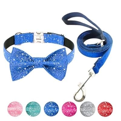 [Jumpress] Jumpress Bling Bow Tie Dog Collar and Leash Set, Cute Blue Boy Dog Collar with Bow and 5ft Leash for Small Medium Dogs Daily Walking or Holiday Party (Neck fit 11-16’’)