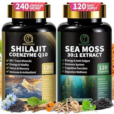 [BBEEAAUU] Shilajit for Men, Sea Moss and Shilajit Bundle, All in 1 Supplements with Coenzyme Q10, Black Seed, Ashwagandha, Taurine, Burdock for Energy, Endurance, Antioxidant & Immune Support, 240 Capsules