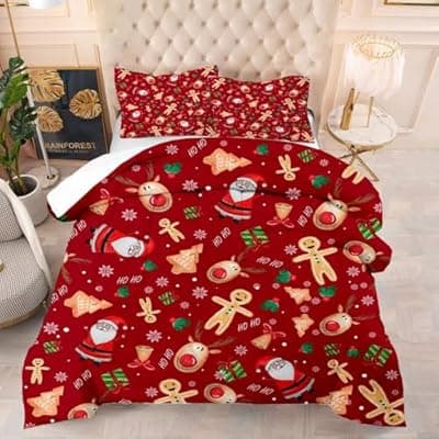 [VTKON] VTKON Red Christmas Comforter Set King for Girls and Women, Cartoon Santa Claus Christmas Tree Gingerbread Man Printed Bedding Set, Xmas Bed Set with 1 Comforter and 2 Pillowcases