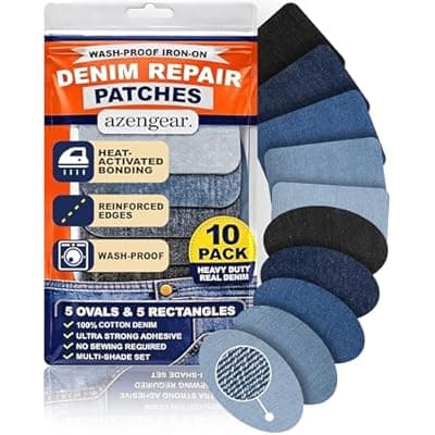 [aZengear] Iron-On Real Denim Repair Patches for Jeans (5 Ovals + 5 Rectangles Kit) Wash-Proof, Heavy Duty, Apply Inside or Outside, Strong Adhesive, Shades of Blue & Black, Ideal for Knees, Thighs, Elbows