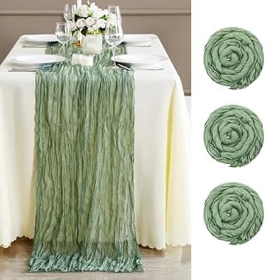 [HLDEJAAJ] HLDEJAAJ 3 Pack Cheesecloth Table Runner, 10FT Boho Gauze Romantic Table Runner for Wedding, Birthday Party, Home Decoration, Rectangular, Hand Wash Only, Sage Green, Spun Polyester