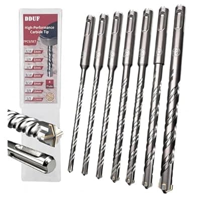 SDS Plus Masonry Drill Bit Set, 7pcs 6.3in (160mm) Rotary Hammer Drill Bits with Storage Case 4-Cutter Cross Tip Double Thread Tungsten Steel Concrete Drill Bit for Concrete, Brick, Stone, Walls