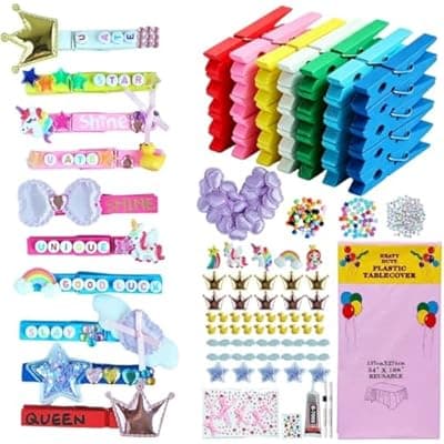 [Thamtu] Thamtu 80 Set Cheer Pins DIY Kit Wooden Clothespins for Backpacks with Unicorn Crown Lucky Duck Star Heart Decorations 200 Letter Beads Disposable Table Cloth for Team Cheerleading Cheer Gifts Bulk