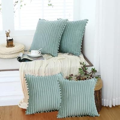 [Oirpro] Oirpro Grey Blue Throw Pillow Covers 20x20 Set of 4 Soft Corduroy Modern Boho Spring Decorative Cushion Covers with Pom-poms for Couch Bed Sofa Living Room