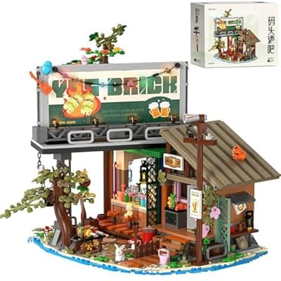 [WEUYUIAF] Pier Bar Mini Building Blocks Sets with LED Light - 1108PCS Wooden Cabin Forest House MOC Street View Micro Building Bricks Toy Creative Ideals Dock Bar, Collectible Deco, Birthday Gift for Adults