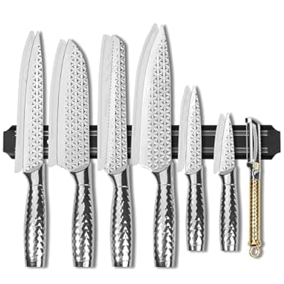 [Qianying] Kitchen Knife Set 14 Pcs with Magnet Holder, Strong Magnetic Knife Strip for Wall, Knives Block Set with Sheath, Chef Knives and Santoku Knives, Stainless Steel Blade, Dishwasher Safe -Silver