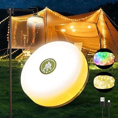 [Wellgium] Camping String Lights,Camping Essentials Gear 32.8FT Lamp Lights Waterproof, 4 in 1 Outdoor String Lights with 8 Modes for Awn Tent Yard Garden Hiking Travel Decoration and Holiday Christmas Gift