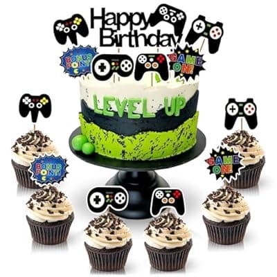 [Kotko] 13Pcs Video Game Cake Topper - Cardboard Gamer Cake Decorations with Big & Small Toppers with Gamepad-Themed Design, Easy to Install - Colorful Video Game Birthday Decorations for Boys & Girls Parties