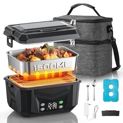 [Lavsonic] Lavsonic 100W Heated Lunch Box for Adults, 6.3 Cups Food Grade Stainless, Automatic Scheduled Heating, Portable Food Warmer for Truckers, Construction, Work with Insulated Bag, Black