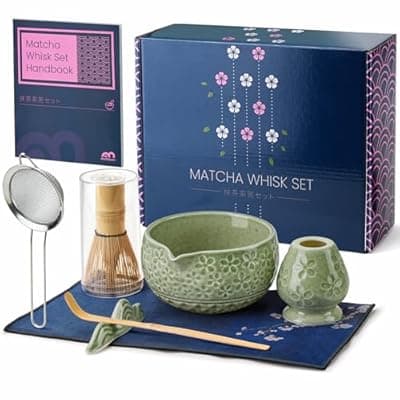[Metflavor] 7Pcs Matcha Whisk Set, Matcha Set Whisk and Bowl,Bamboo Scoop, Scoop Rest, Sifter and Tea Towel, Matcha Kit W/Carved Cherry Blossm Pattern for Matcha Lovers (Sakura Green)