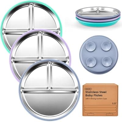 [MIMORE] MIMORE Stainless Steel Toddler Plate - 3 Pack 9.25" Stainless Steel Baby Plates with Suction - Non Toxic & BPA Free