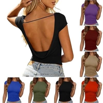 [LIKEOULI] LIKEOULI Open Back Tops for Women Trendy Backless Shirt Boat Neck Short Sleeve Slim Fit Going Out Top Y2k Basic Clothes