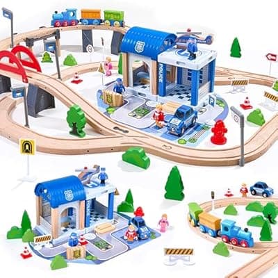 [VigorFun] 102Pcs Wooden Train Set for Toddlers, Wooden Train Track - Expandable and Changeable, Safe Educational Train Toys Gift for Boys & Girls Kids Ages 3-5 4-8, Compatible with All Major Brands