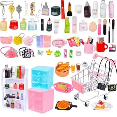 [U-Zimikee] U-Zimikee 100 Pcs Dollhouse Mini Cosmetic Set，Miniature Bathroom Accessories，Mini Makeup Pretend Play Gifts for Girls，Jewelry Storage Case Shelf Handbag Camera Toiletries Dollhouse DIY Micro Scene