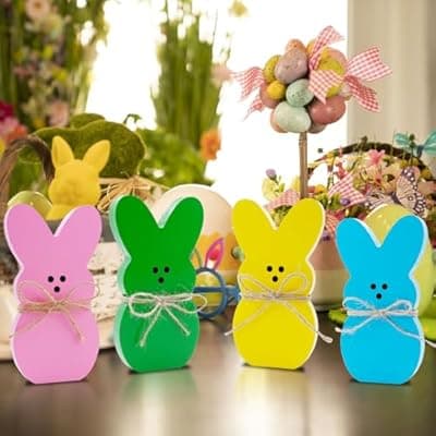 [Oeyliz] Oeyliz Easter Decorations 4PCS Easter Wooden Bunny Table Decorations Wooden Rabbit Tiered Tray Decor Spring Wood Decor for Home Mantel Home Table Party
