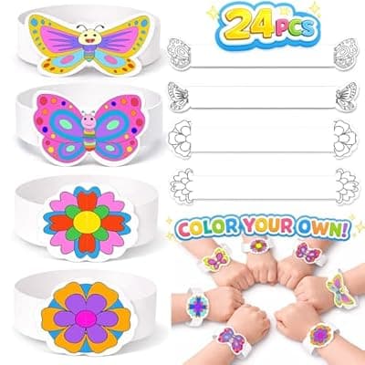 jkhycf Spring Crafts for Kids 24PCS Butterfly & Flower DIY Color Your Own Paper Bracelets, Creative Art Activity for Preschool, Classroom & Spring Family Parties