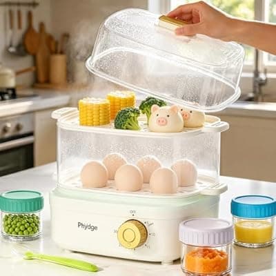 [Phydge] Electric Food Steamer for Cooking, 2-Tier Rapid Egg Cooker, Stackable Steam Cooker for Baby Food, Meal Prep, Quick Healthy Cooking for Vegetables, BPA-Free, 30-Min Timer, 3 Containers&1 Spoon Included
