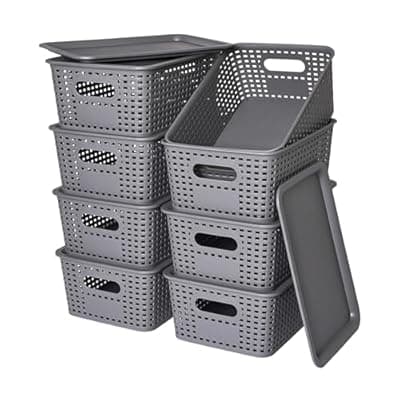 [Ohmlove] Plastic Storage Baskets with Lid-Plastic Storage Containers Stackable Storage bins: Storage Baskets for Organizing Shelves Drawers Desktop Closet Playroom Classroom Office,8 Pack-Gray10.2x7.2x4.1Inch